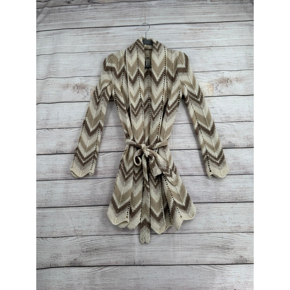 Lucky Brand Cardigan Women XS Brown Chevron Wool Blend Belted Wrap Sweater